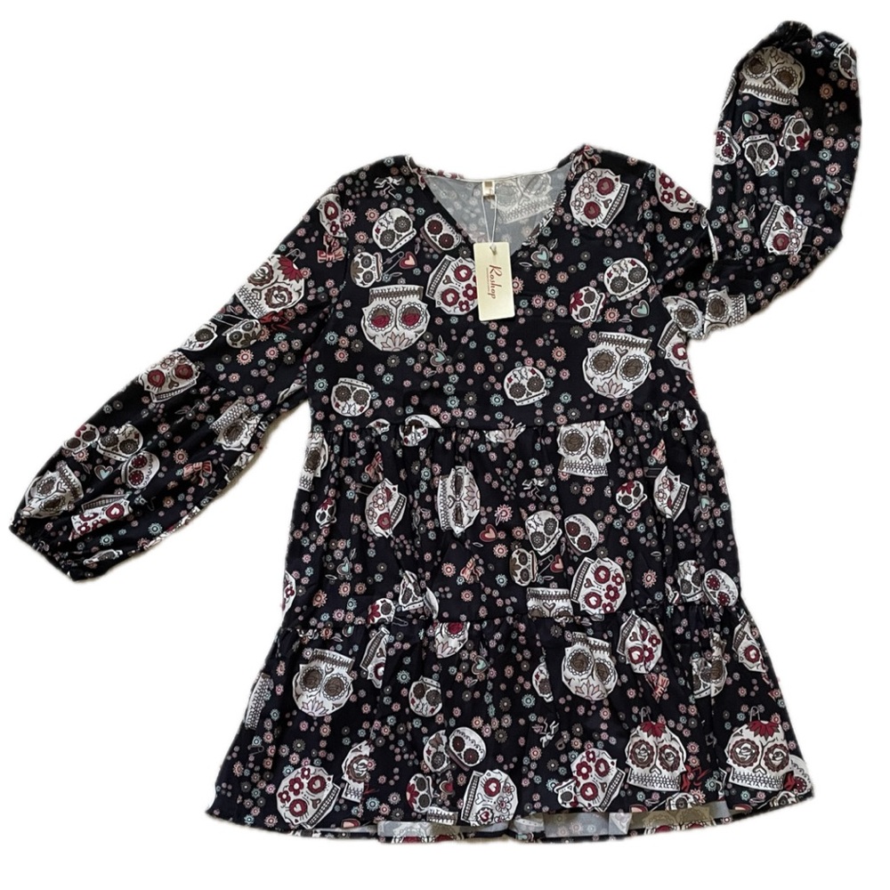 Black and White Long Sleeve Dress with Skull Print